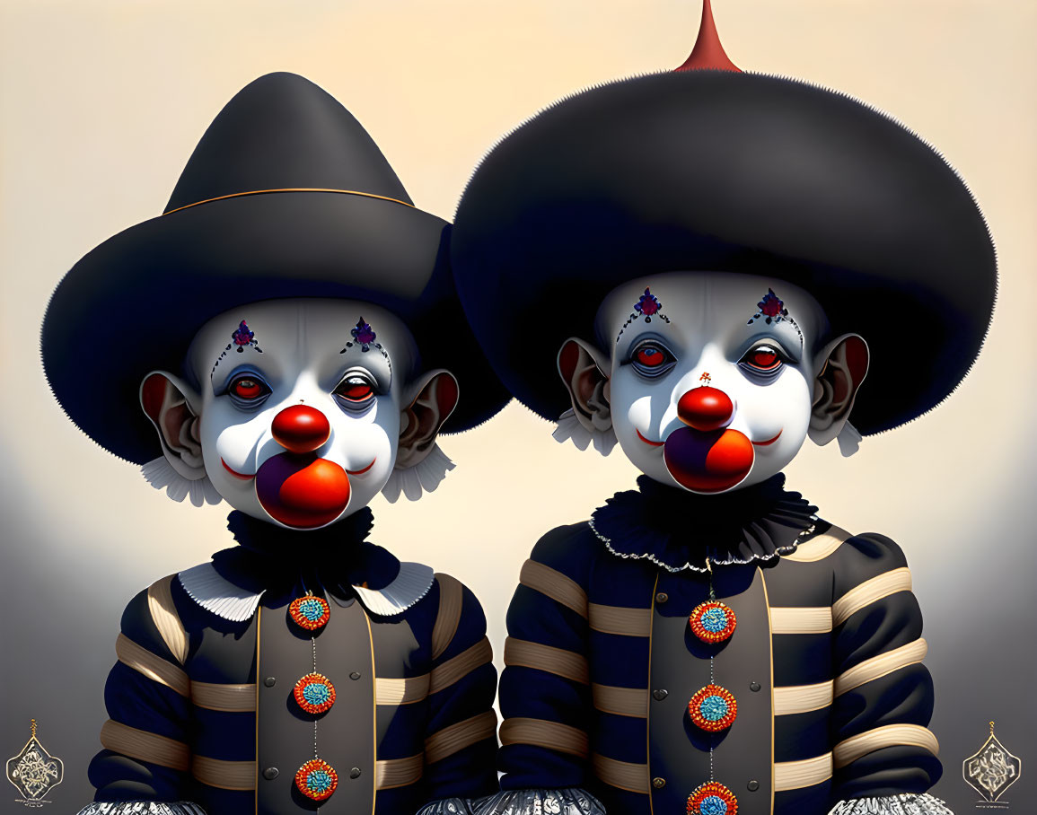 Colorful clown figures with festive makeup and ruffled collars in matching costumes