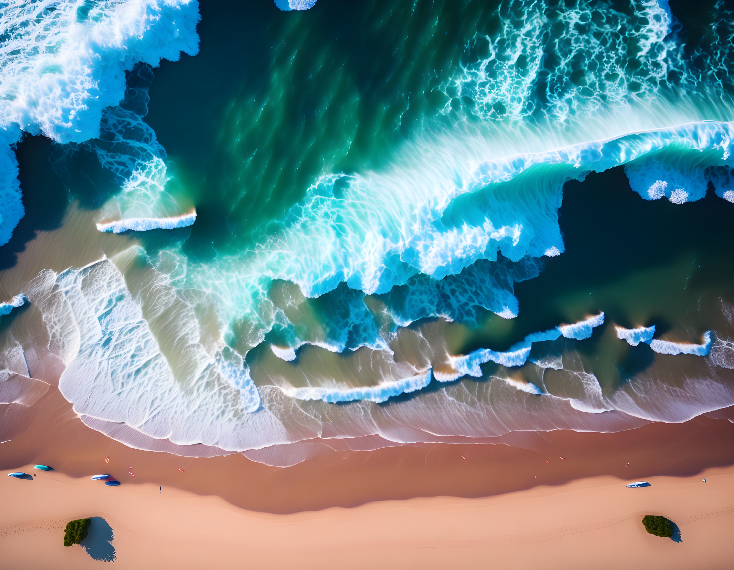 Vibrant blue waves crashing on golden beach with greenery.