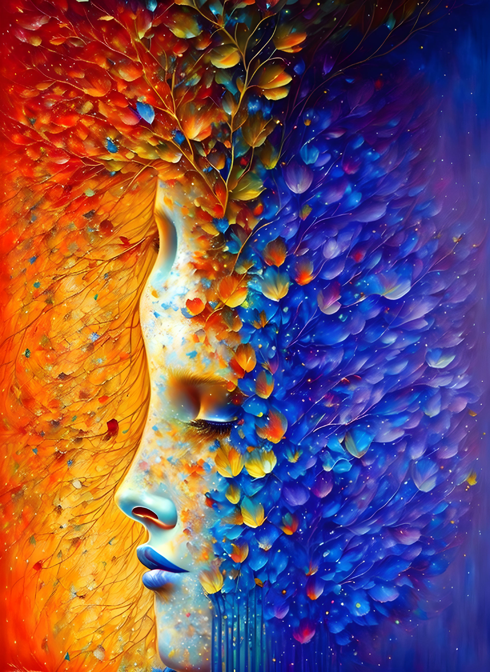 Colorful woman's profile with autumn leaves and blue feathers in vibrant illustration