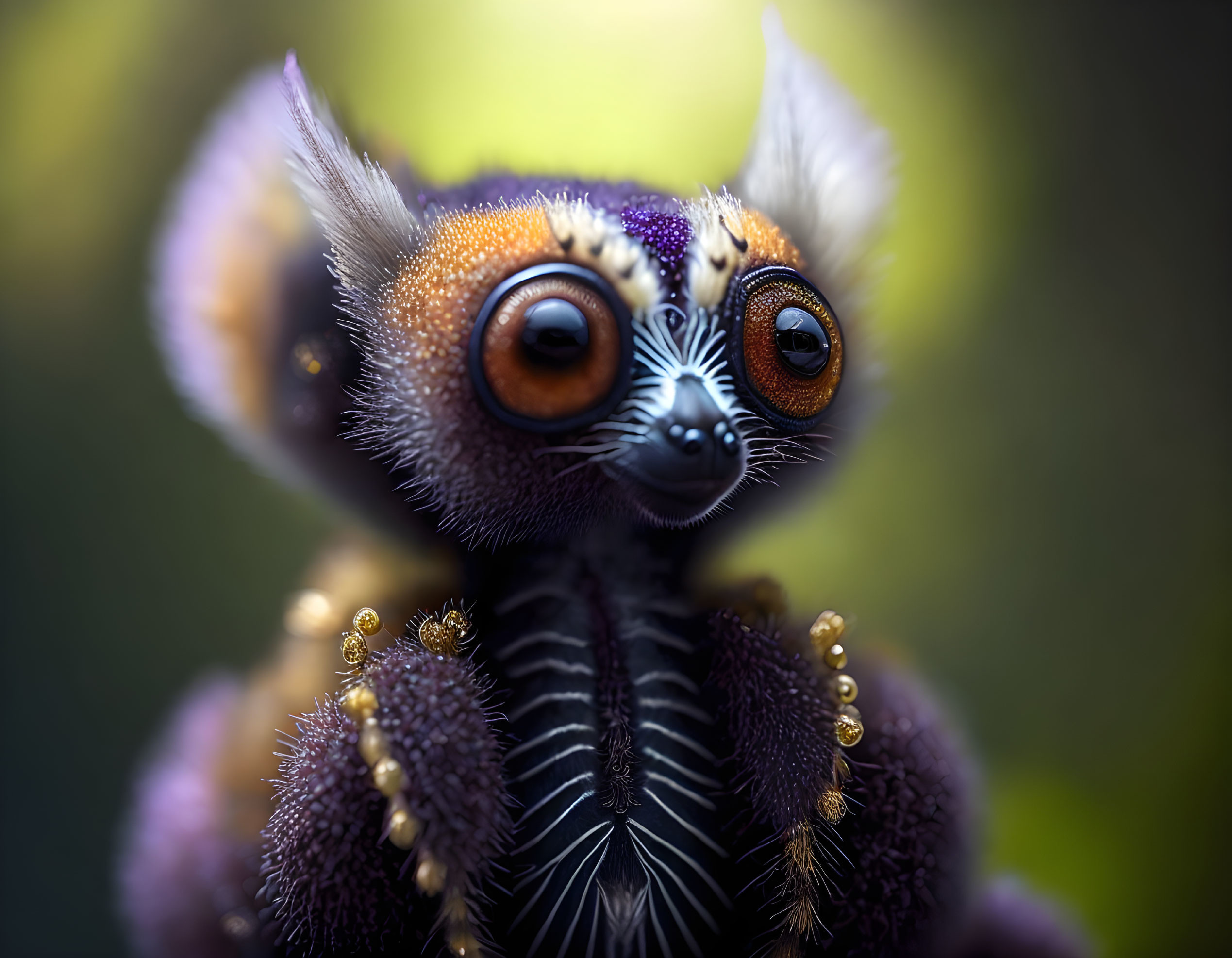 Fantastical creature with large orange eyes and purple-tipped head.