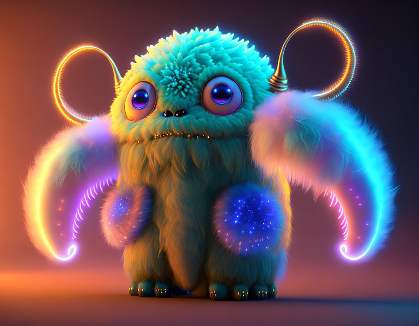 Blue fluffy three-eyed creature with luminous wings and antenna on warm background