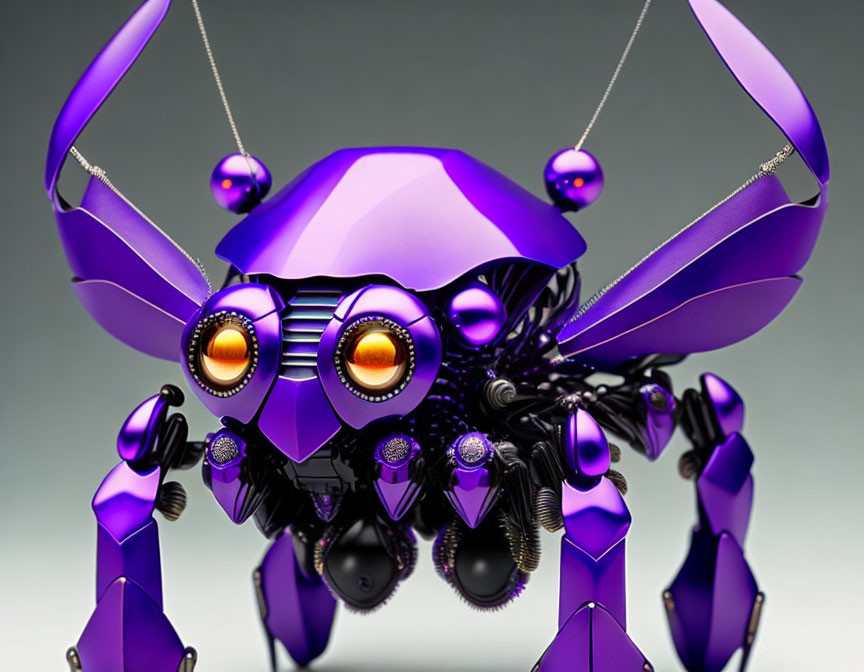 Metallic purple robotic spider with orange eyes on grey background