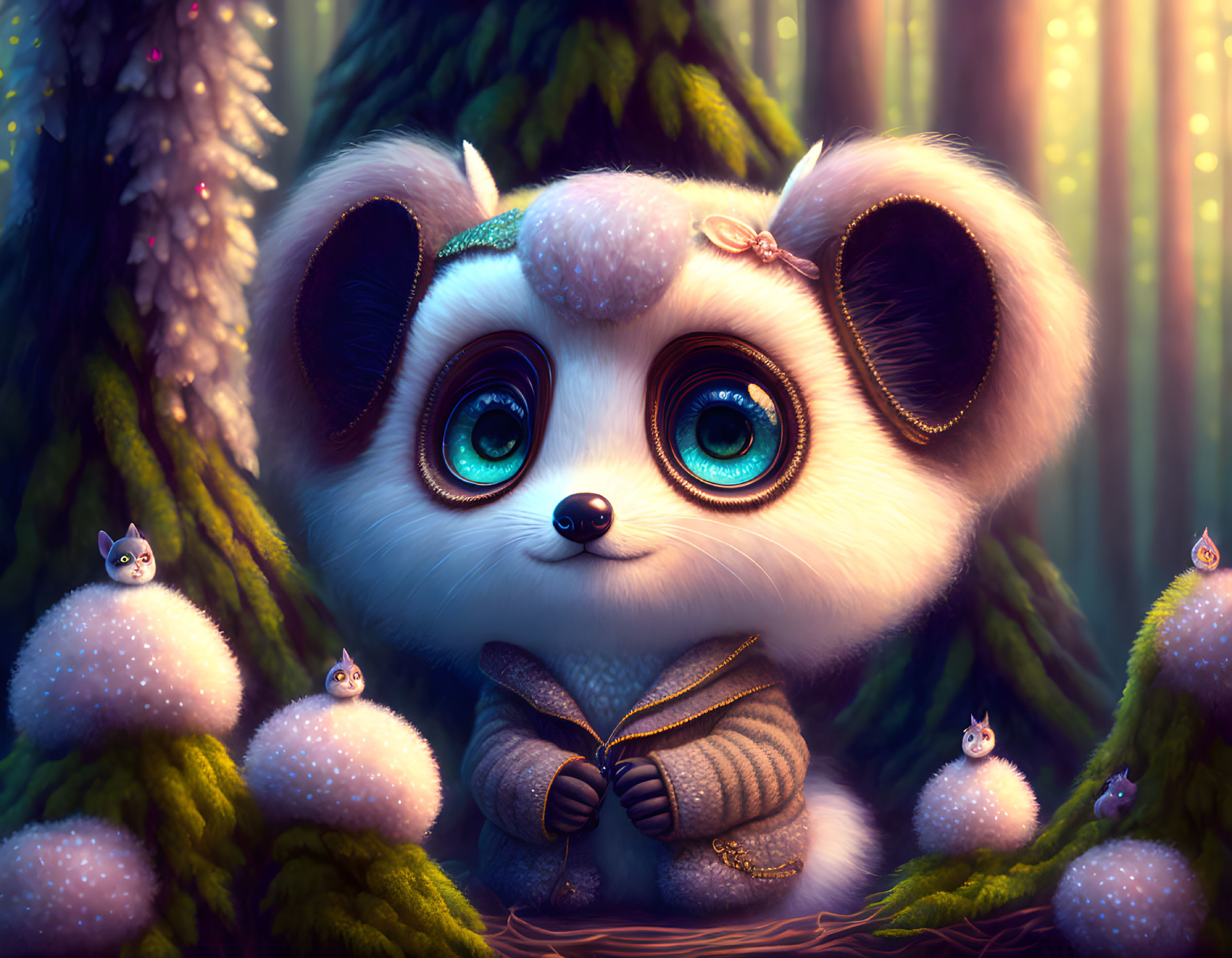 Adorable panda illustration in mystical forest with tiny creatures