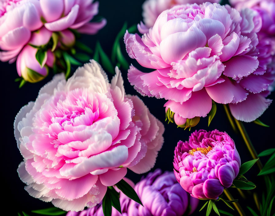 Lush Pink Peonies in Full Bloom on Dark Background