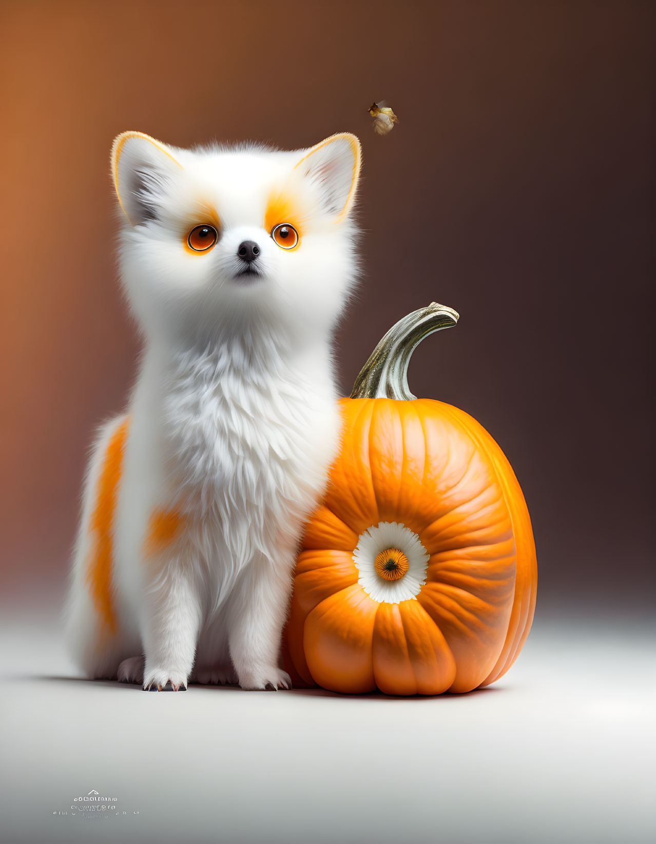 Stylized white and orange fox with pumpkin and bee illustration