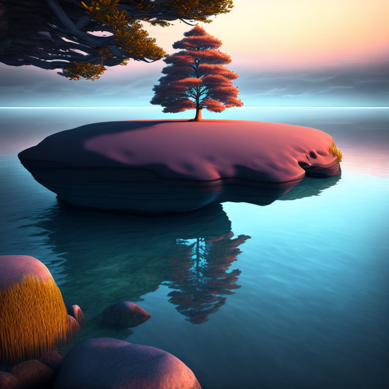 Tranquil twilight landscape: lone tree on rock island, mirrored in calm waters, under gradient sky