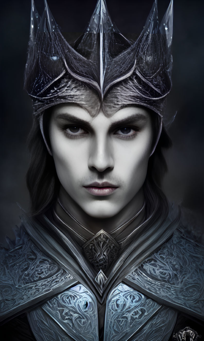 Fantasy character in silver crown and ornate armor against dark backdrop