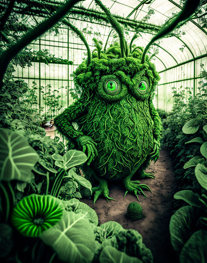 Green plant-like fantasy creature in lush greenhouse habitat