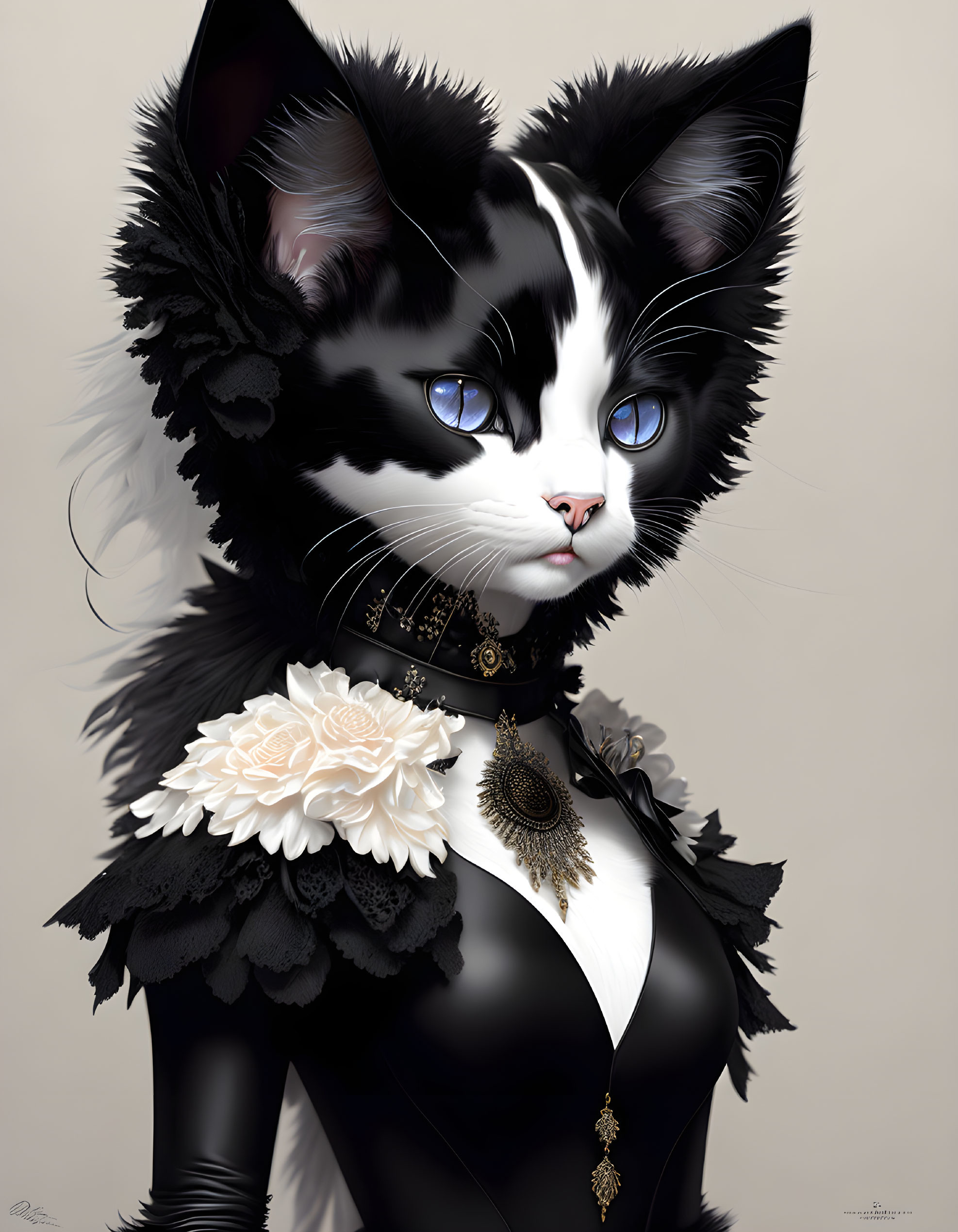 Black and white cat character with blue eyes in ruffled collar and floral outfit