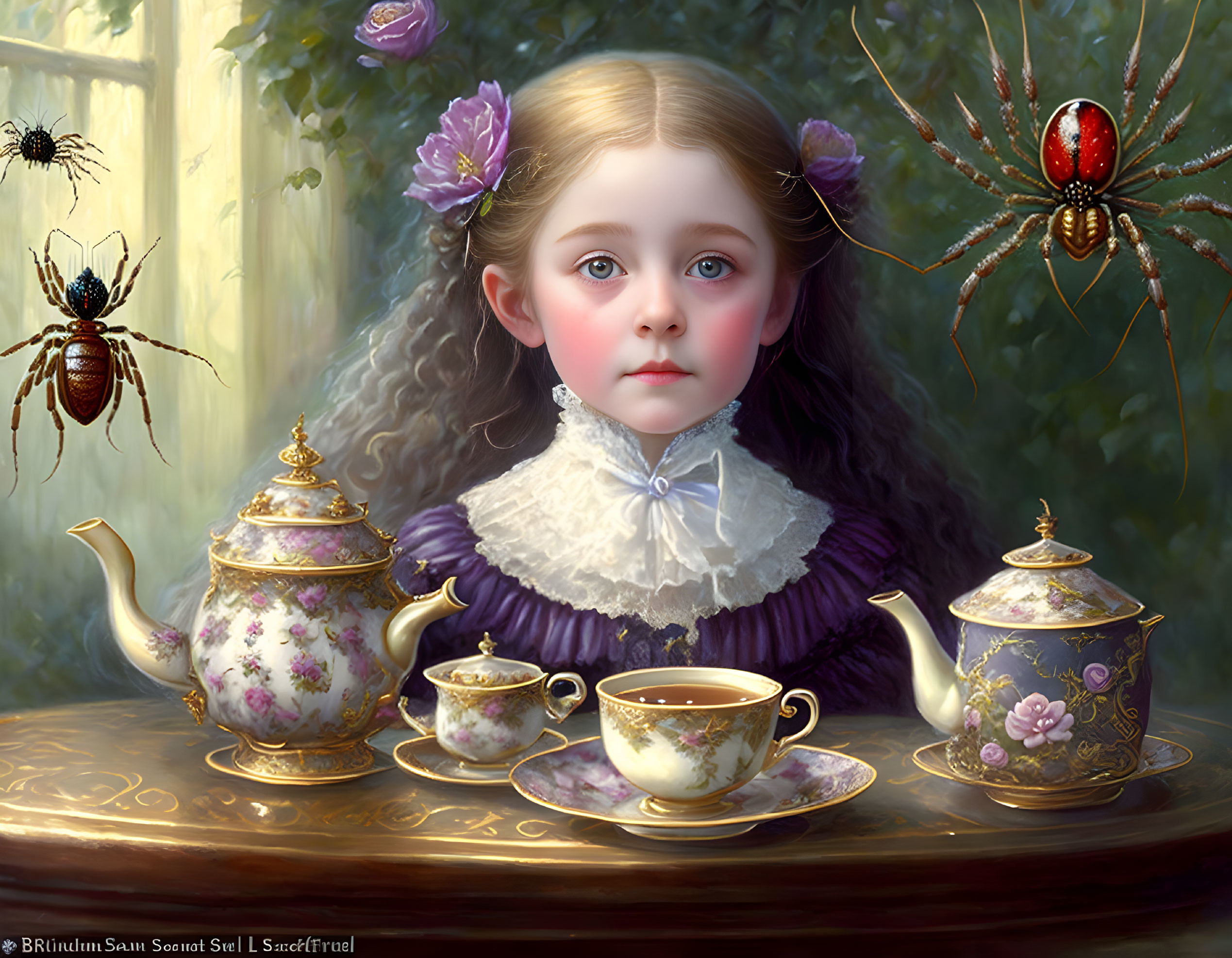 Victorian-style painting: Young girl with tea set and large spider