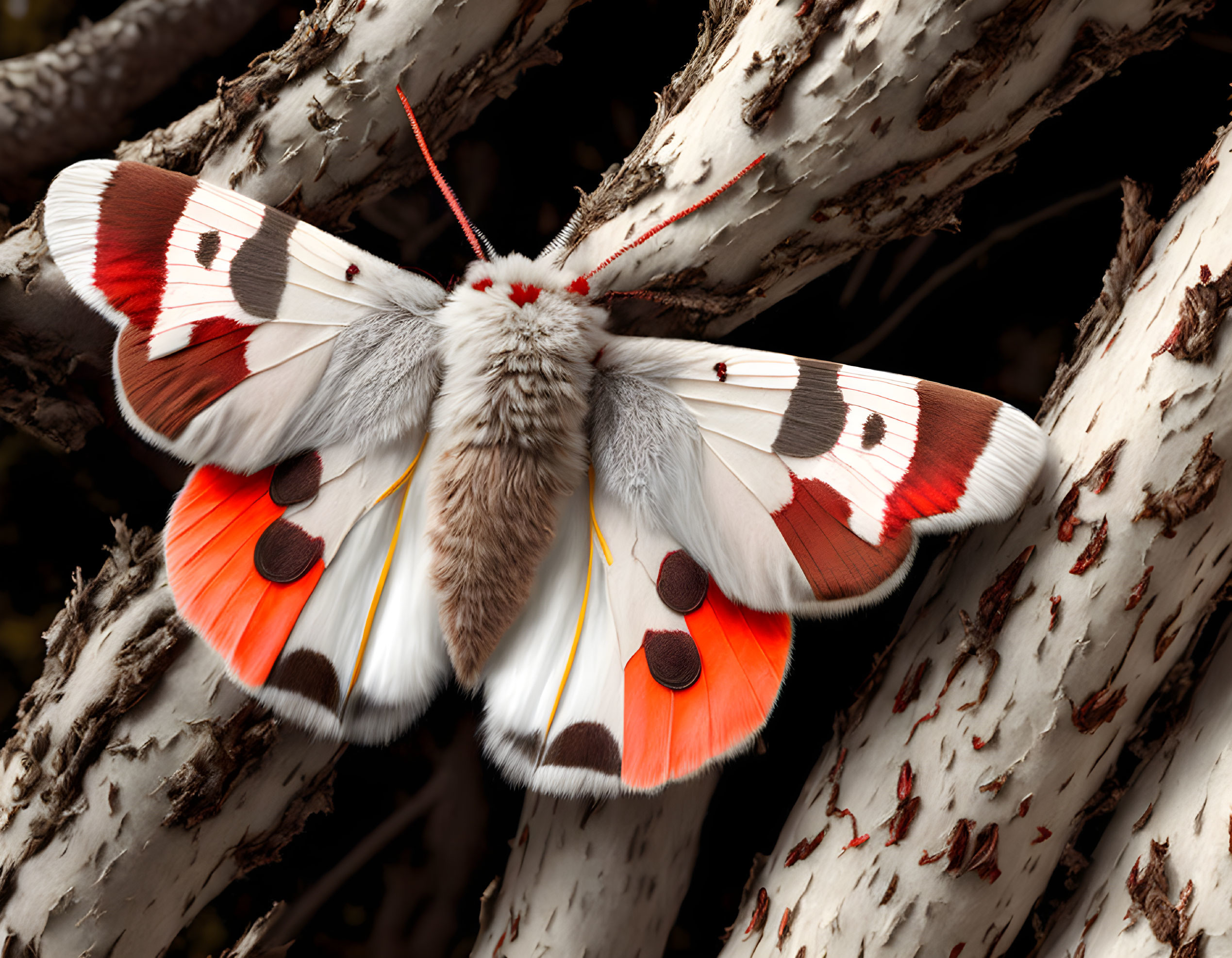 Colorful moth with white, red, and brown patterned wings on white-barked tree