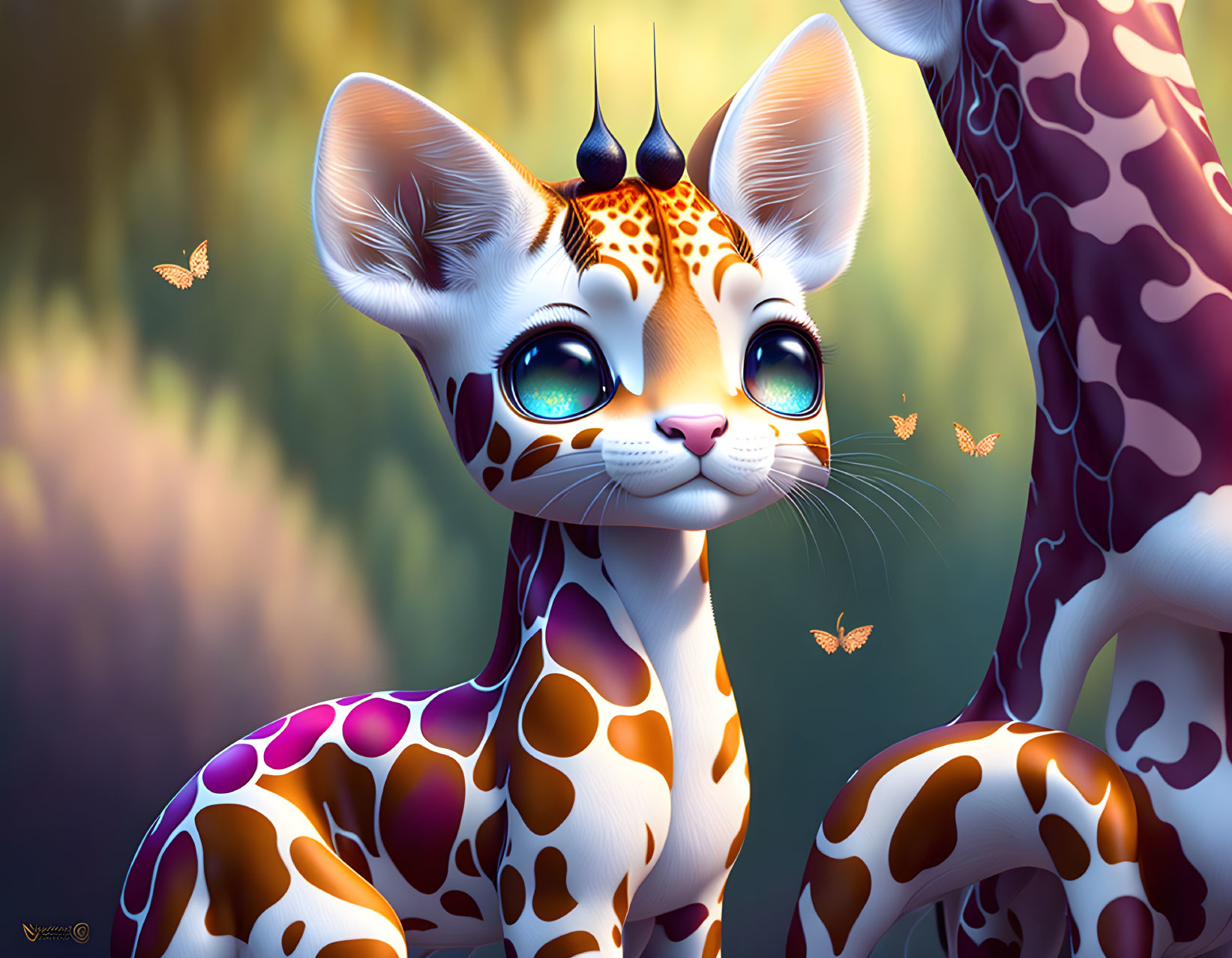 Whimsical feline creature with giraffe-like spots in forest setting