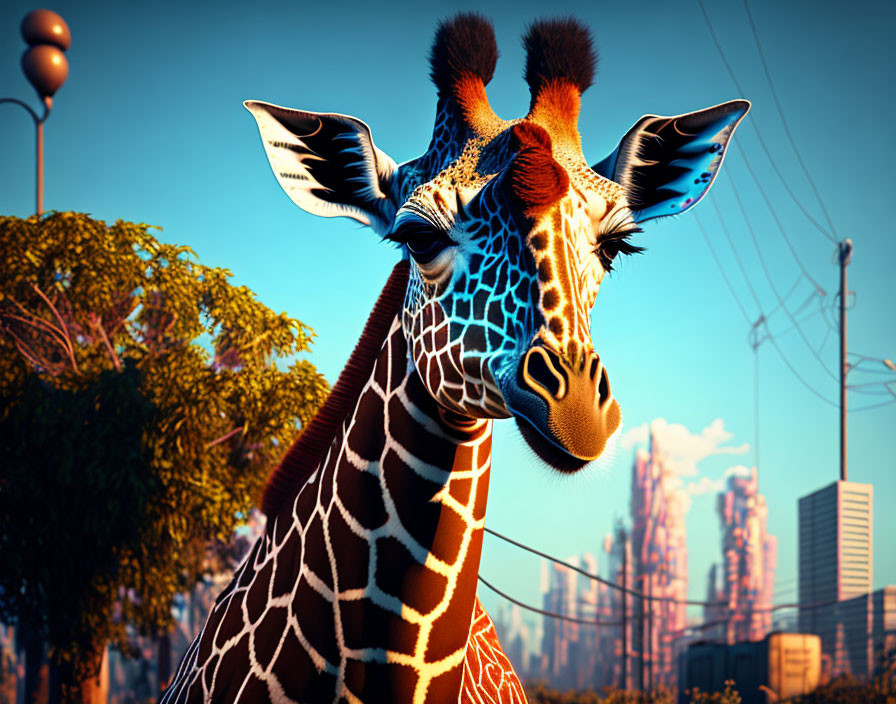 Giraffe with gentle gaze in urban sunset scene