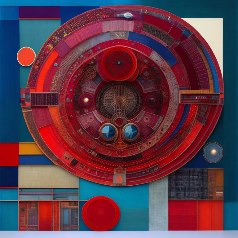 Vibrant abstract art: central circular motif, red and blue intricate patterns, surrounded by colorful geometric