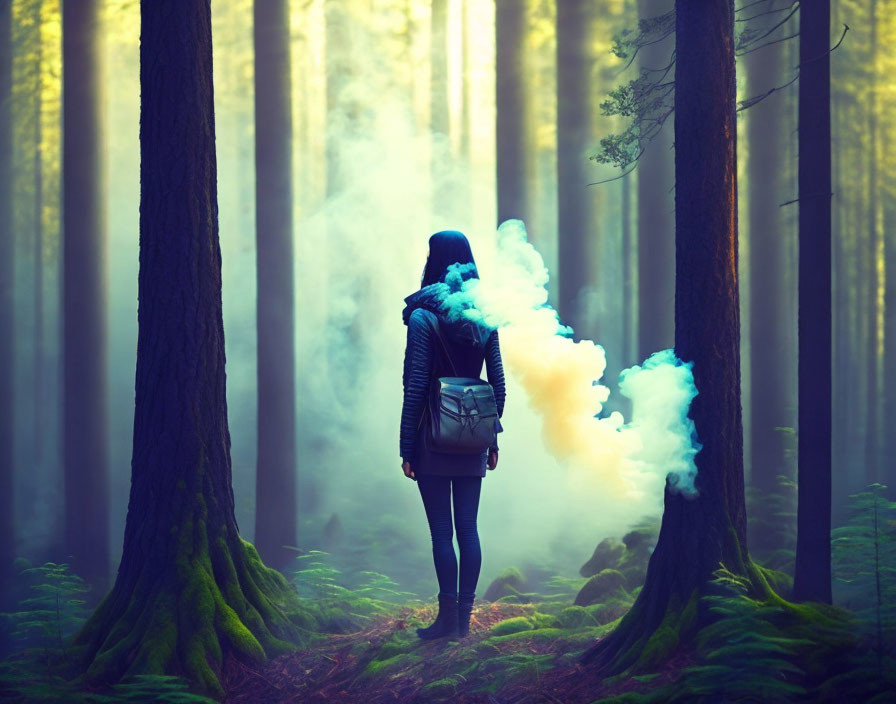 Person standing in misty forest among tall trees exhaling vapor