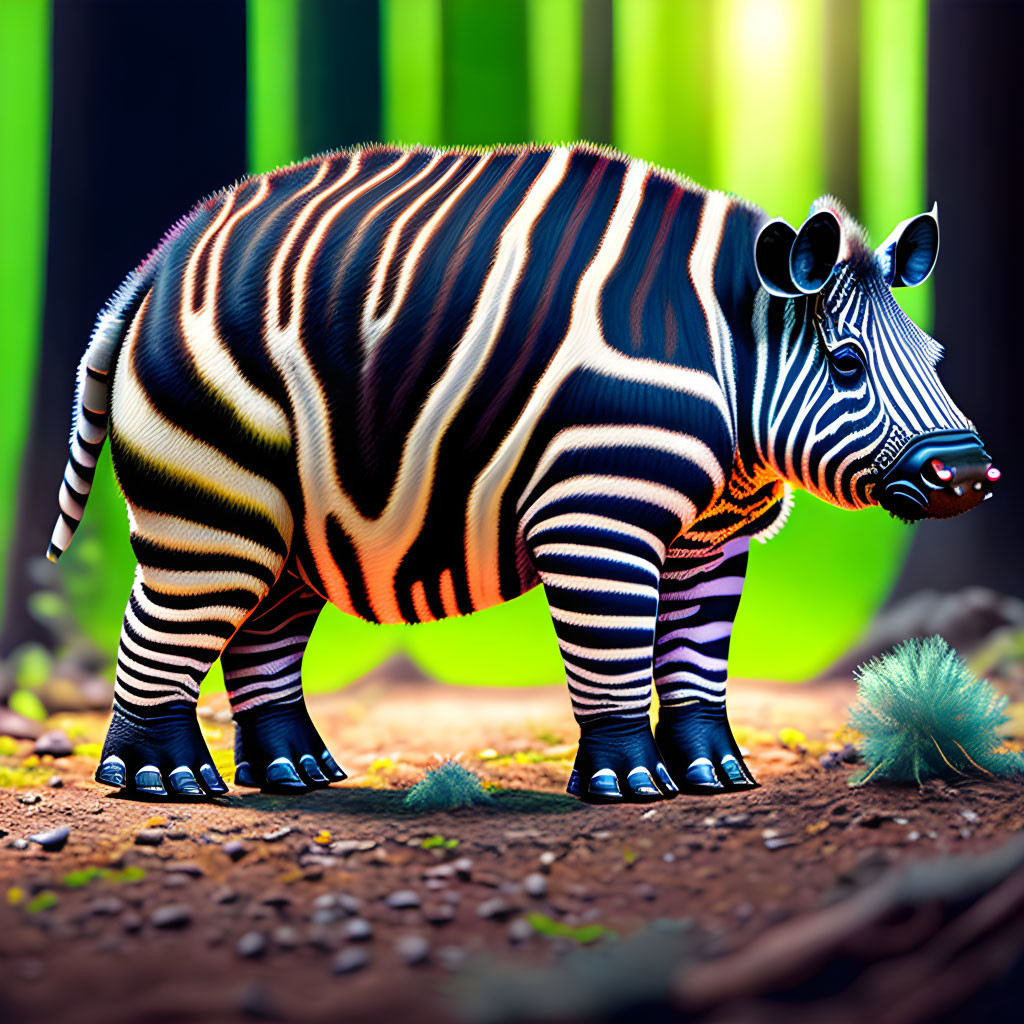 Digital Artwork: Zebra-Striped Hippopotamus in Neon Forest