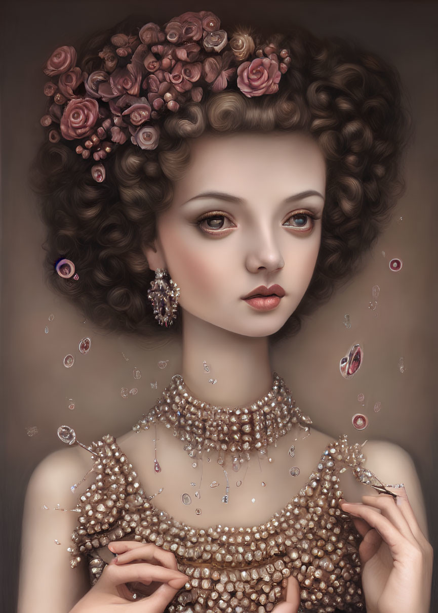 Portrait of Woman with Elaborate Hairstyle, Roses, Jewels, Pearls, and Gem