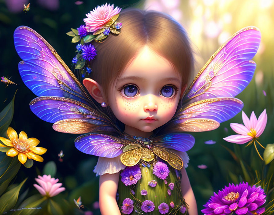 Fantasy digital artwork: Young girl with purple butterfly wings in floral setting