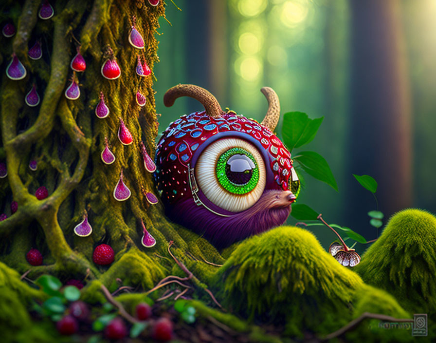 Colorful whimsical creature with large eye and tentacles in enchanted forest