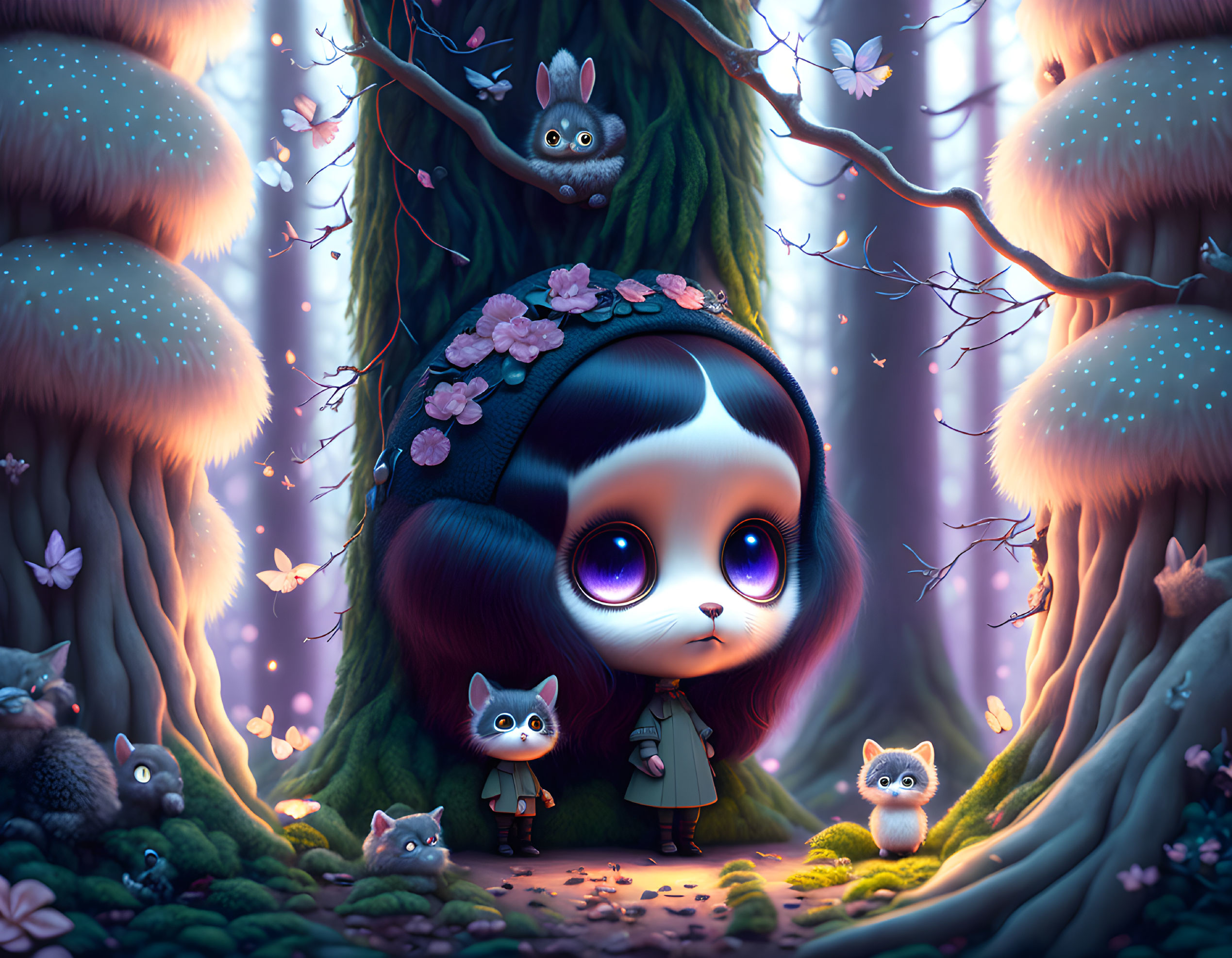 Enchanting forest scene with glowing mushrooms and curious creatures