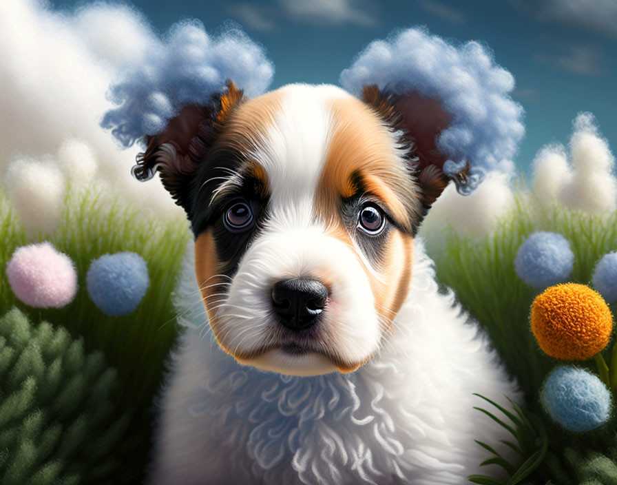 Adorable Puppy Illustration Among Colorful Bushes