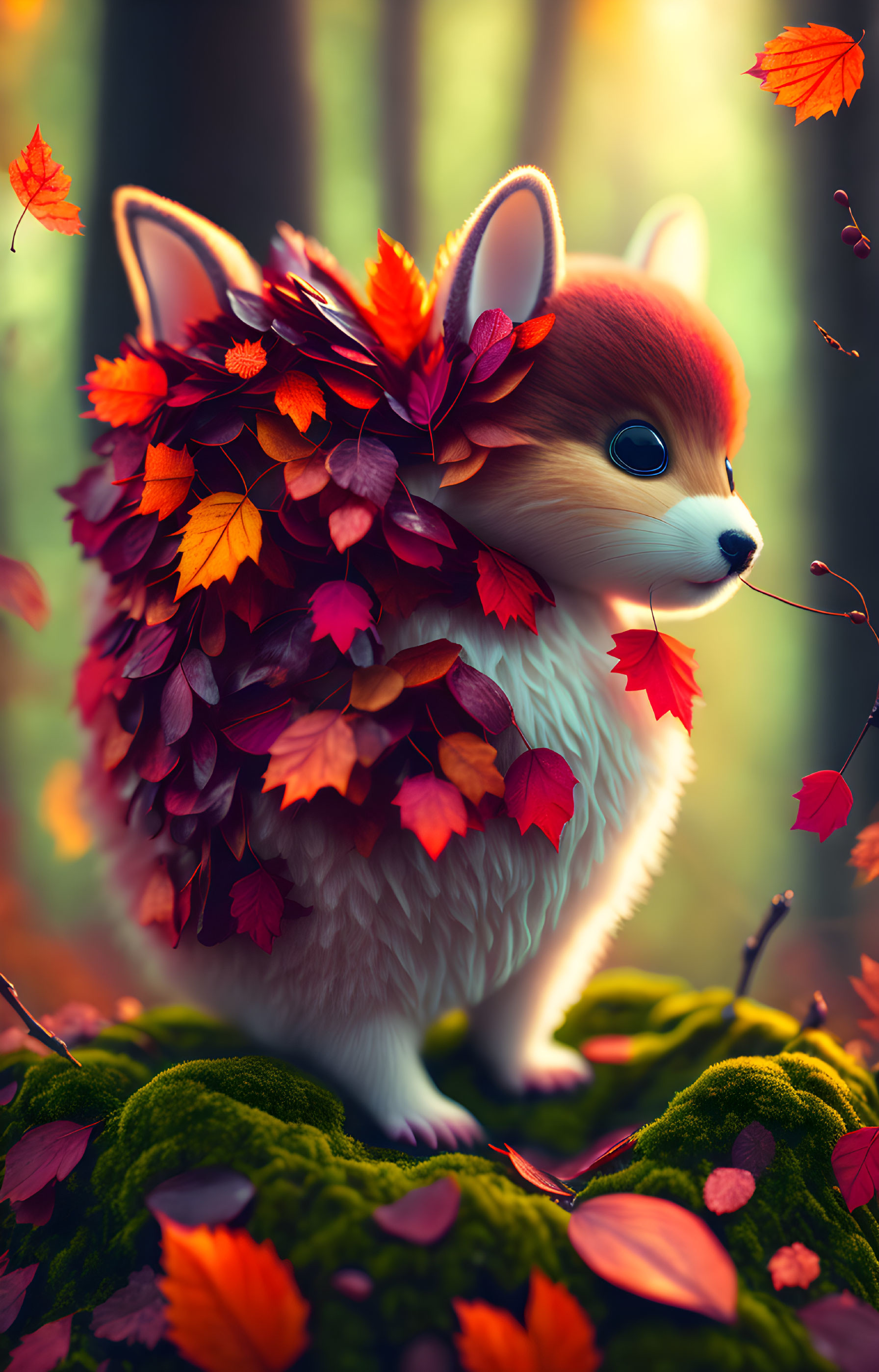 Vibrant autumn leaves cover small corgi in mystical forest