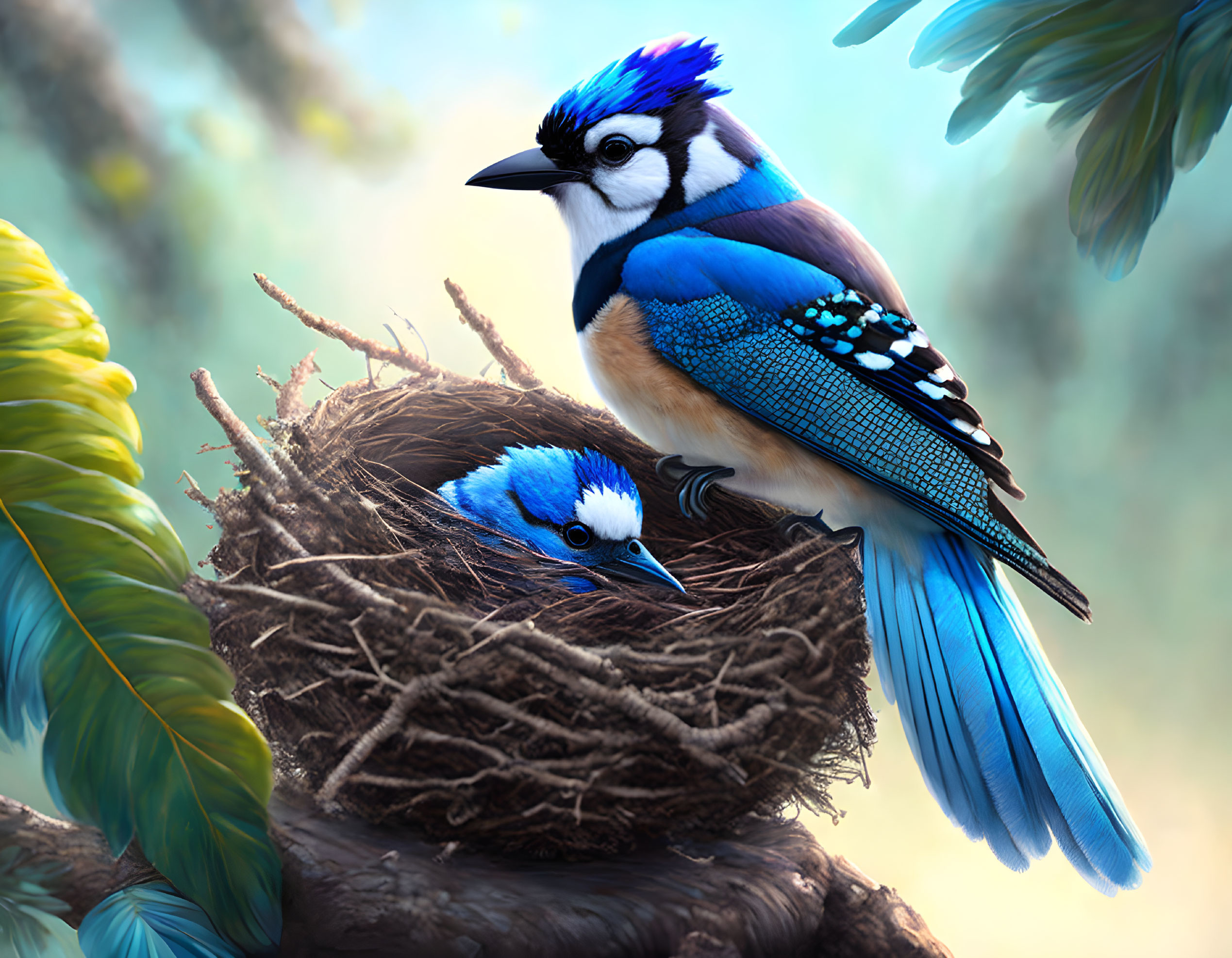 Vibrant blue jays in nest and perched in natural setting