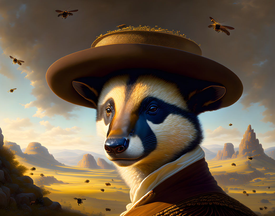 Western-themed anthropomorphic badger with bees in desert landscape.