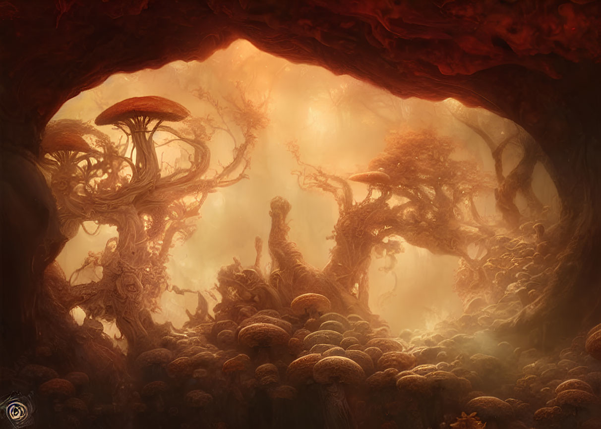 Enigmatic forest with enormous mushrooms and twisted trees in warm, misty glow