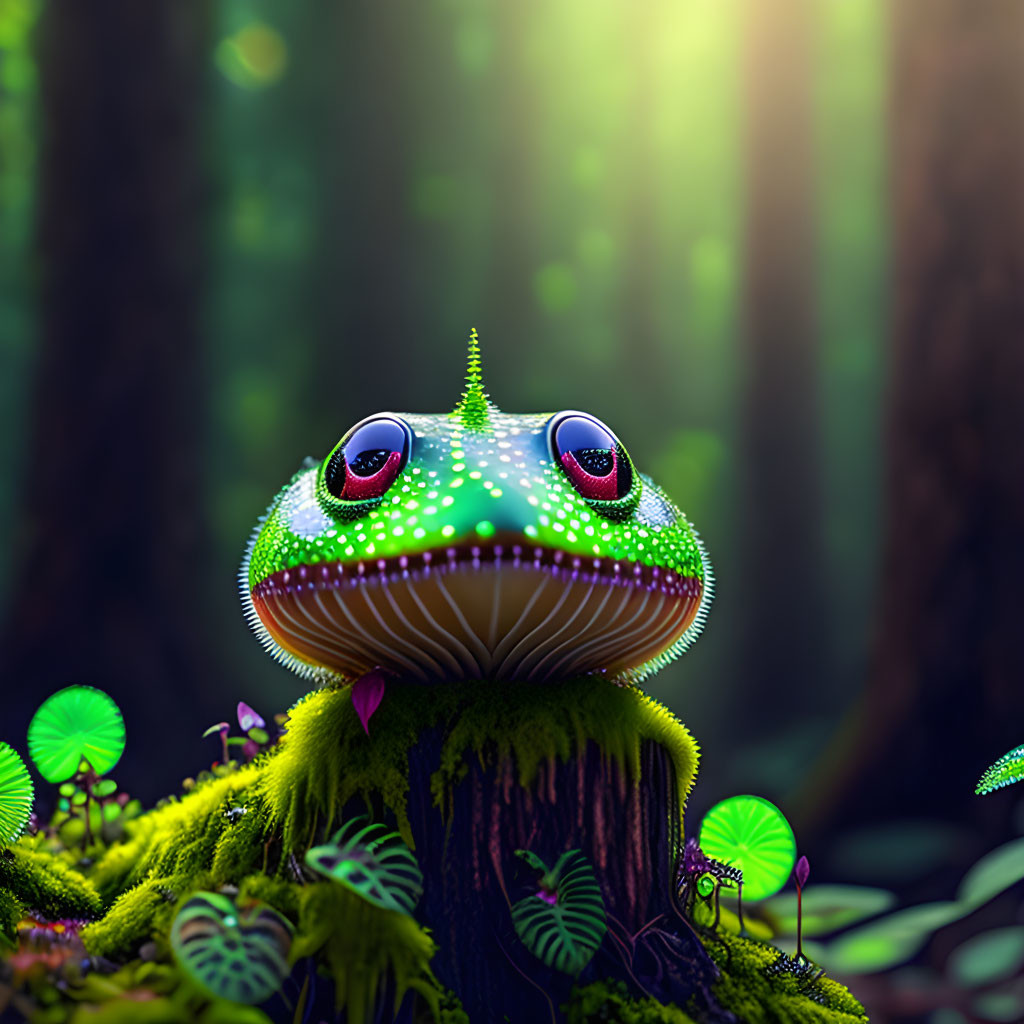 Colorful whimsical frog illustration in enchanted forest with sparkling textures.