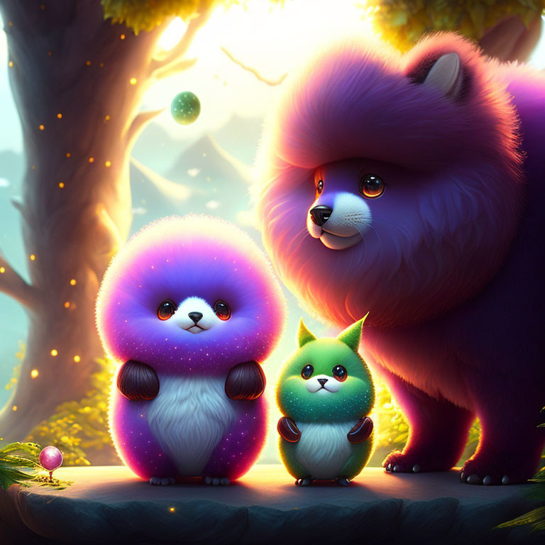 Colorful Fluffy Animals in Whimsical Forest Setting