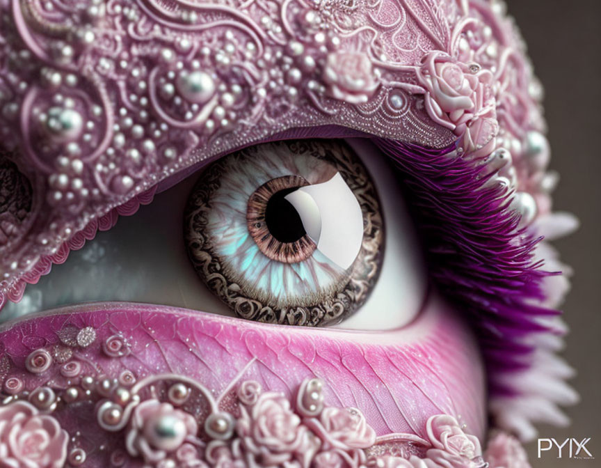 Detailed Stylized Eye with Pink Patterns and Beads