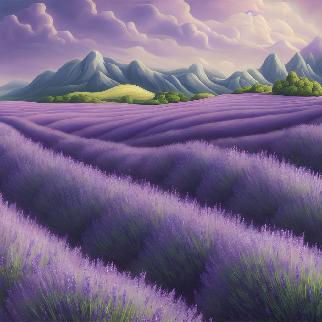 Picturesque Lavender Fields at Sunset with Rolling Hills