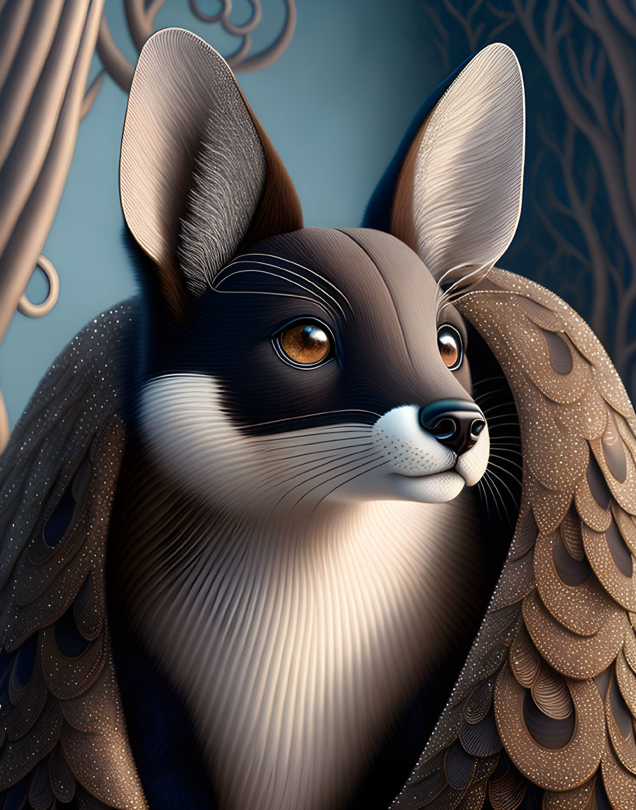 Stylized anthropomorphic fox with expressive eyes and intricate fur design