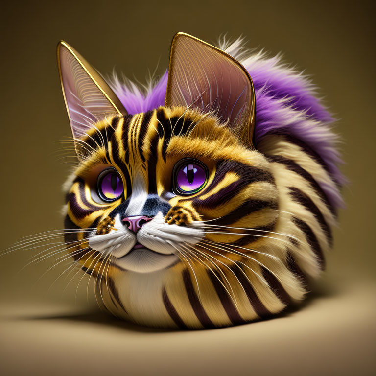 Whimsical digital art of a cat with purple eyes and tiger stripes