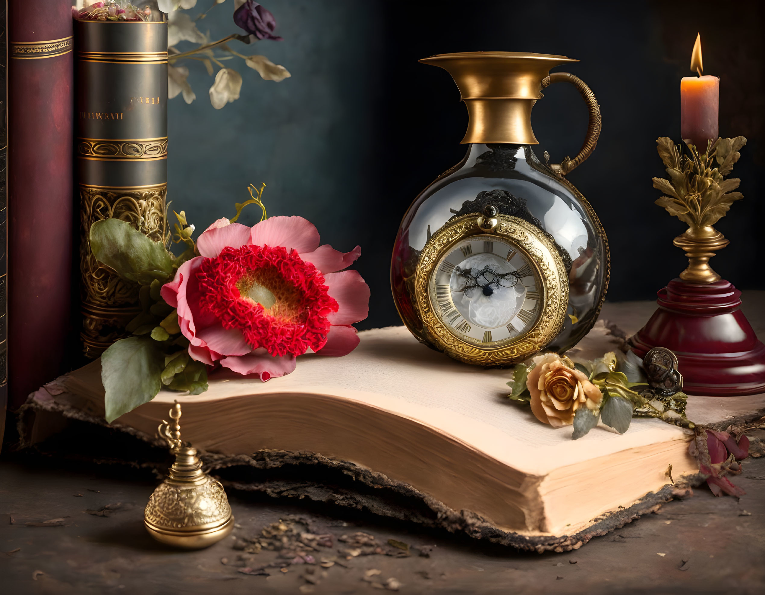 Vintage still life with pocket watch, candle, jug, flower, and book on dark backdrop