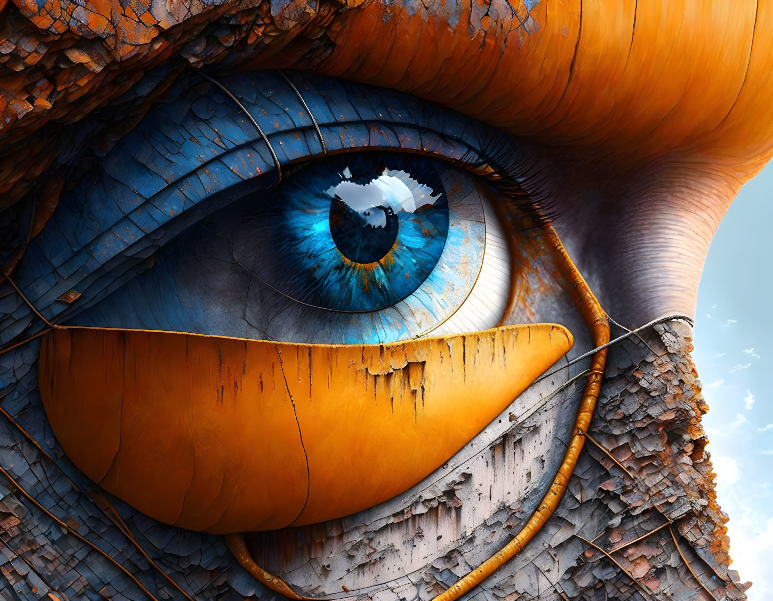 Detailed Illustration: Blue Eye with Cracked Orange Skin Blend