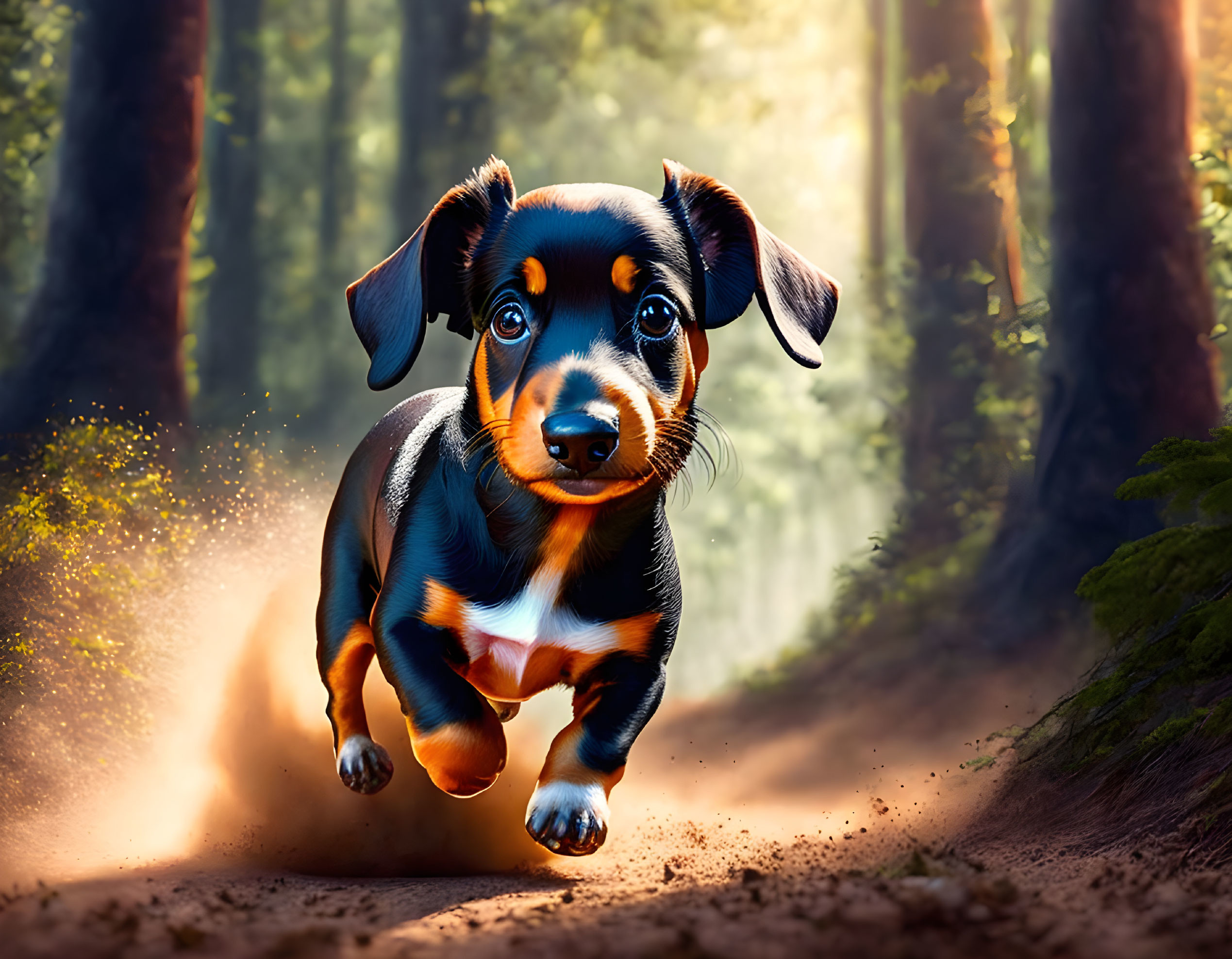 Energetic puppy running in forest with sunlight streaming