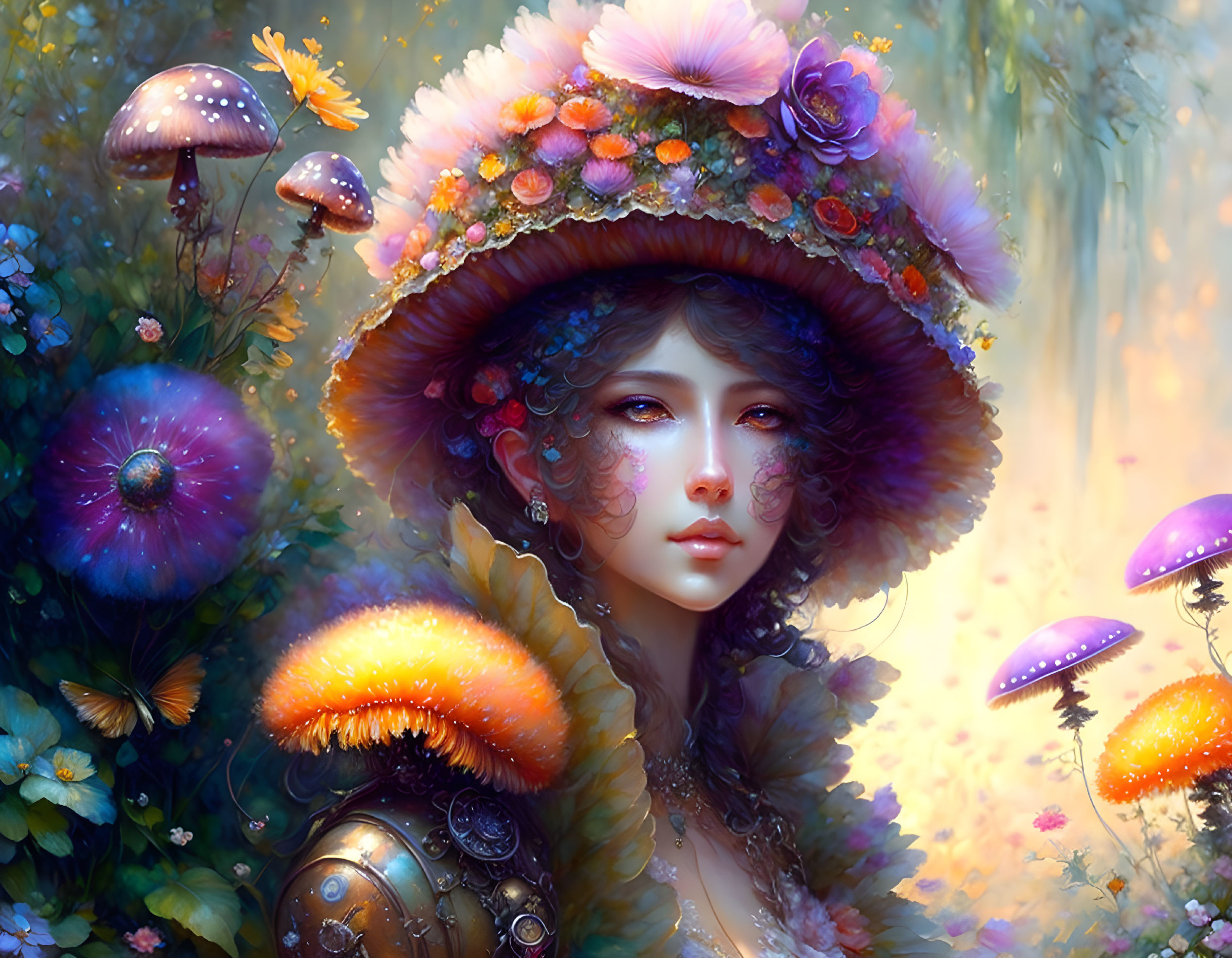 Fantasy illustration of woman with colorful mushroom hat and armor hint