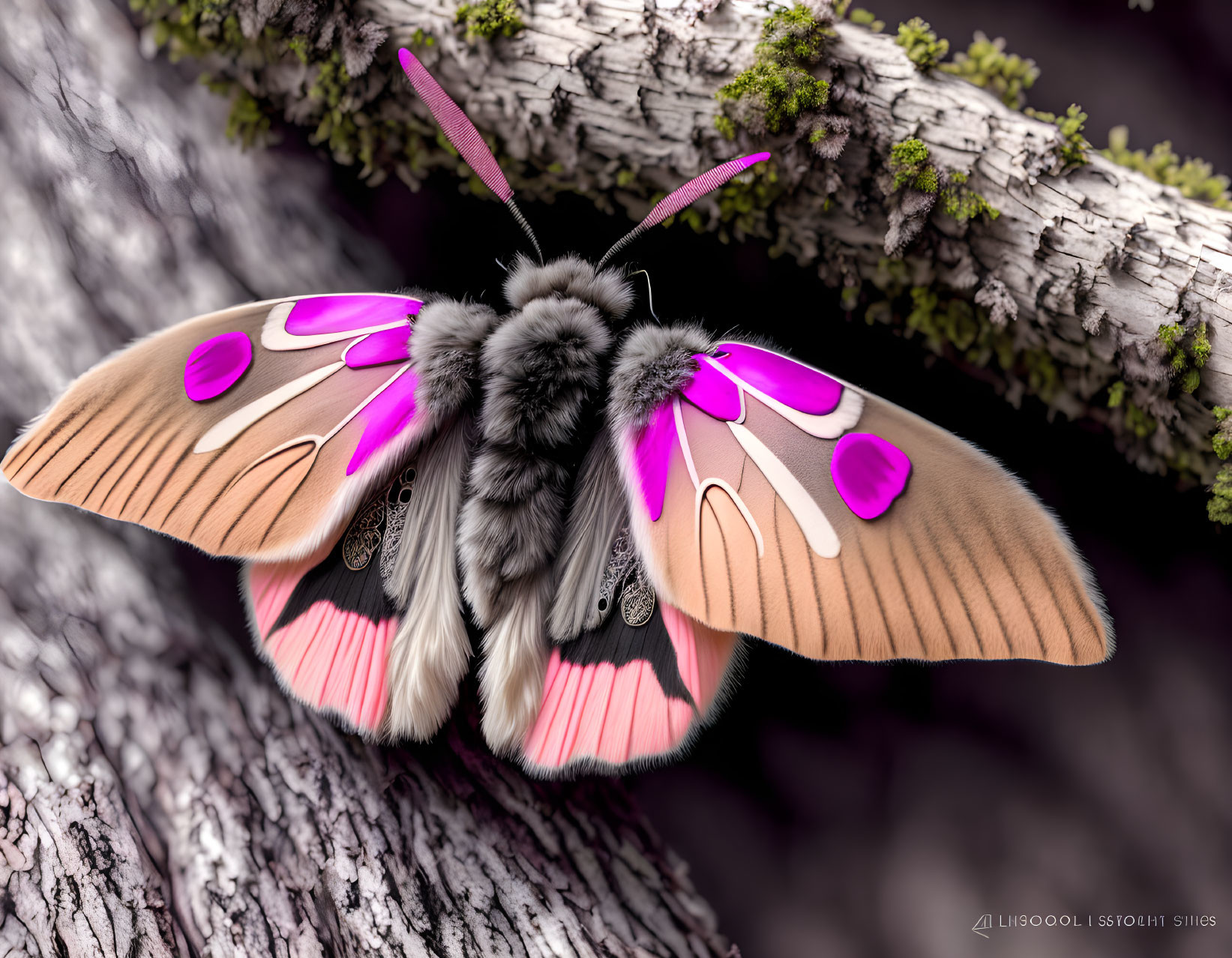 Colorful moth with pink and beige wings on textured branch displaying intricate patterns.