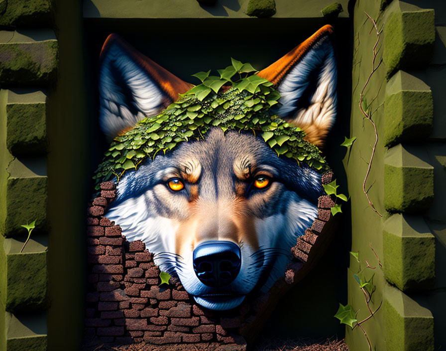 Realistic digital painting: Wolf with vibrant eyes and ivy, peeks through square frame in green