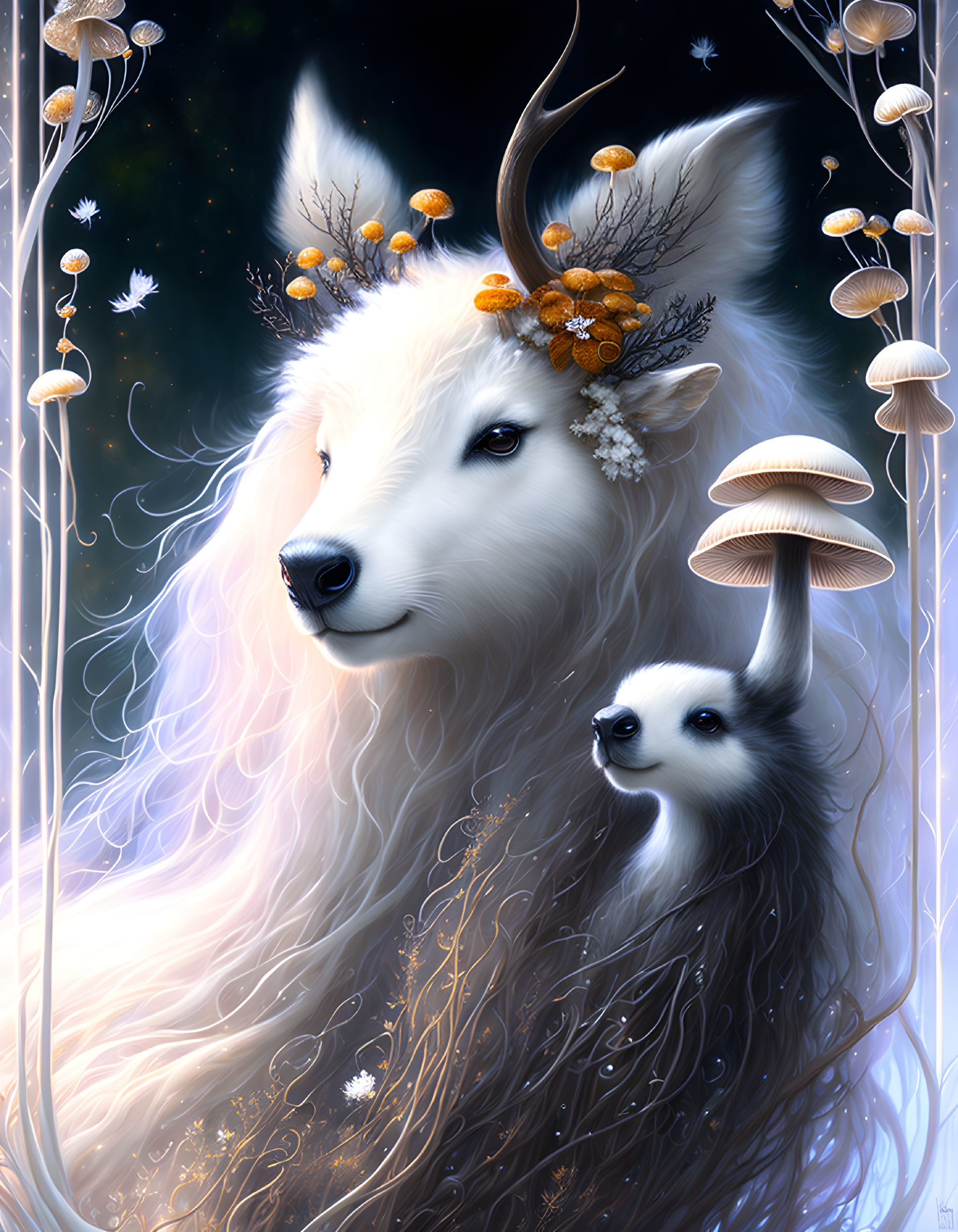 Majestic white stag with lush antler foliage and whimsical creatures