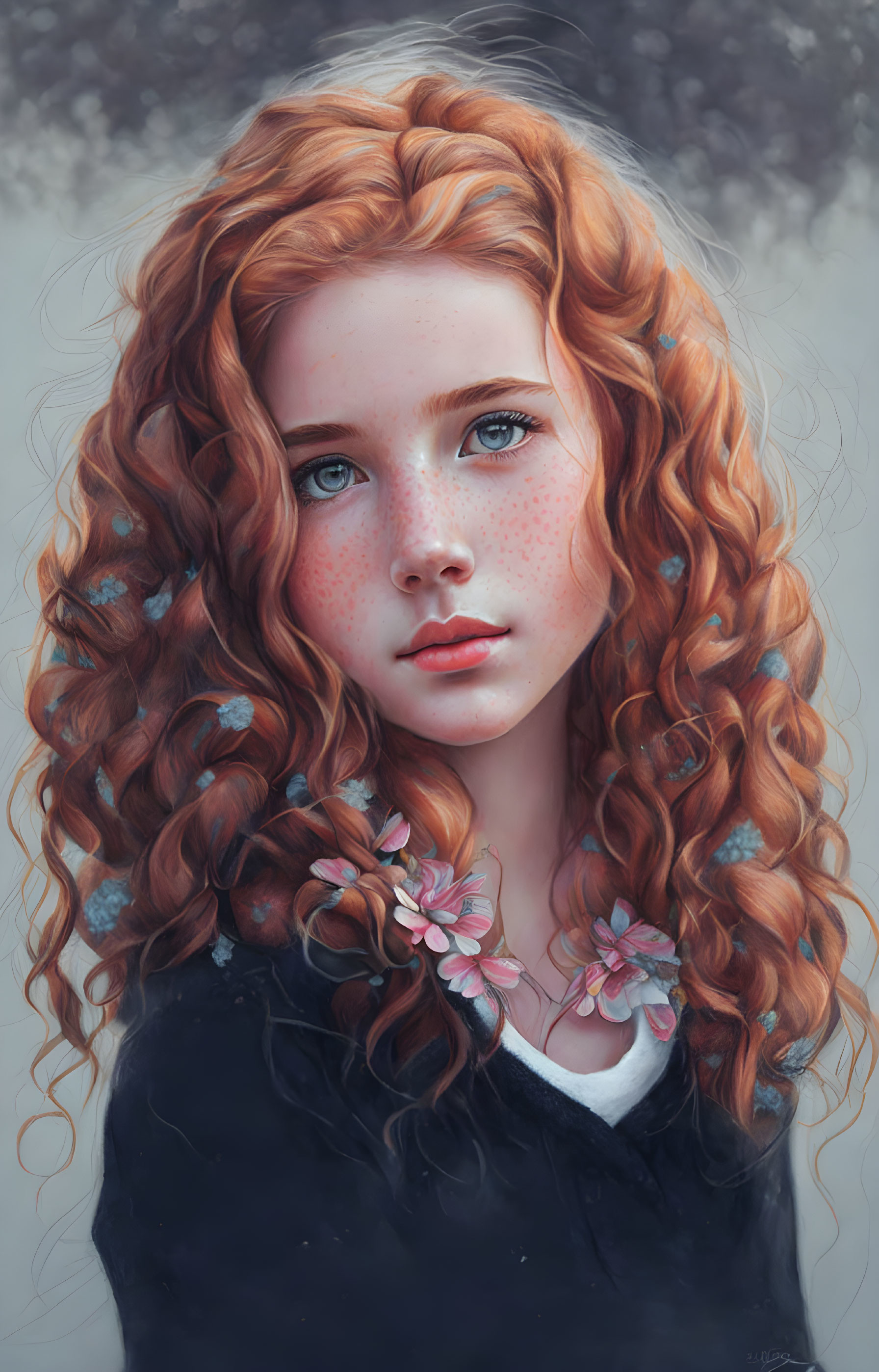 Portrait of girl with red curly hair, freckles, blue eyes, and pink flowers in soft