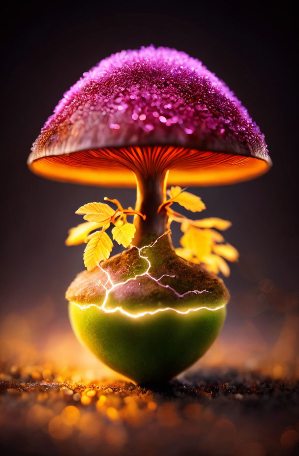 Fantasy-themed image of glowing mushroom on green fruit