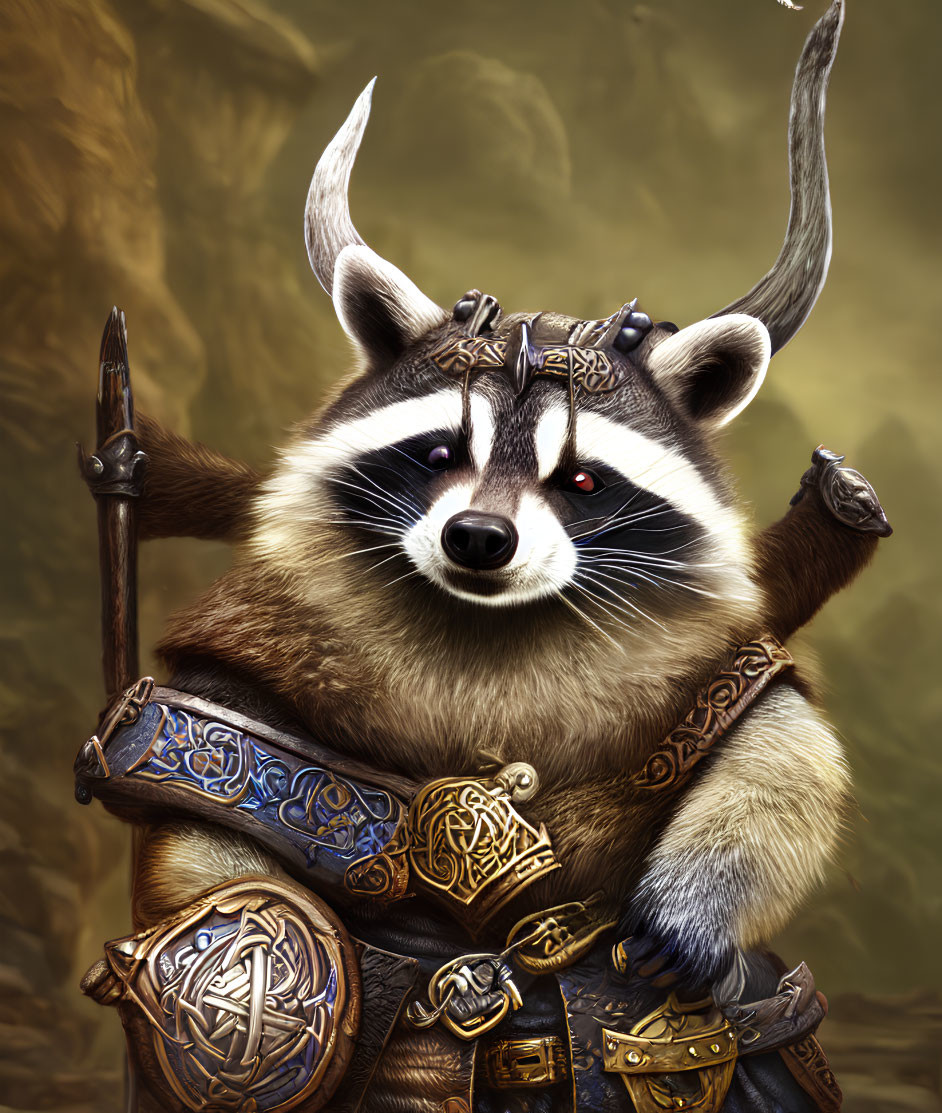 Anthropomorphic raccoon warrior in medieval armor with spear and mystical crown