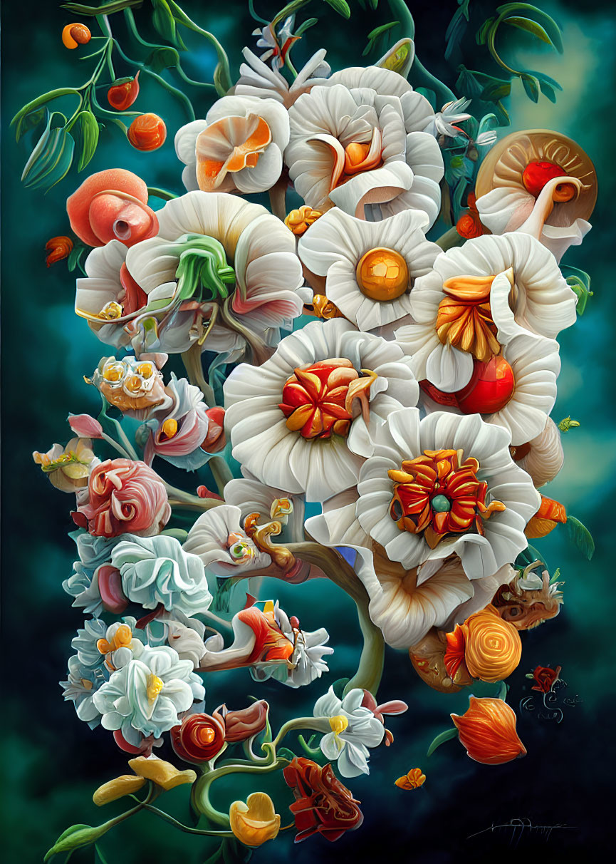 Colorful digital painting of oversized flowers and fruits intertwined.