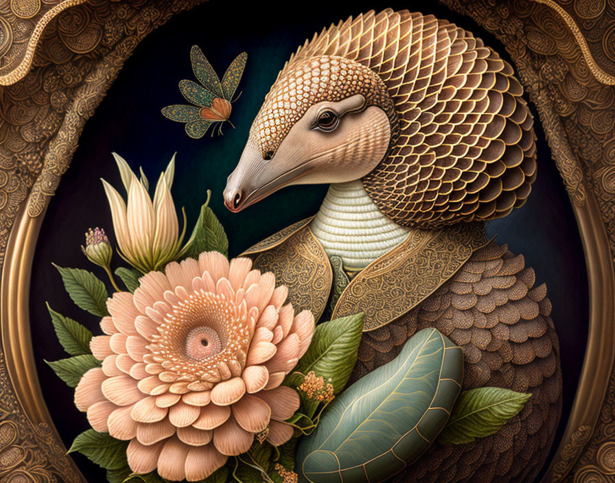 Detailed stylized armadillo artwork with ornate flora and dragonfly on dark background