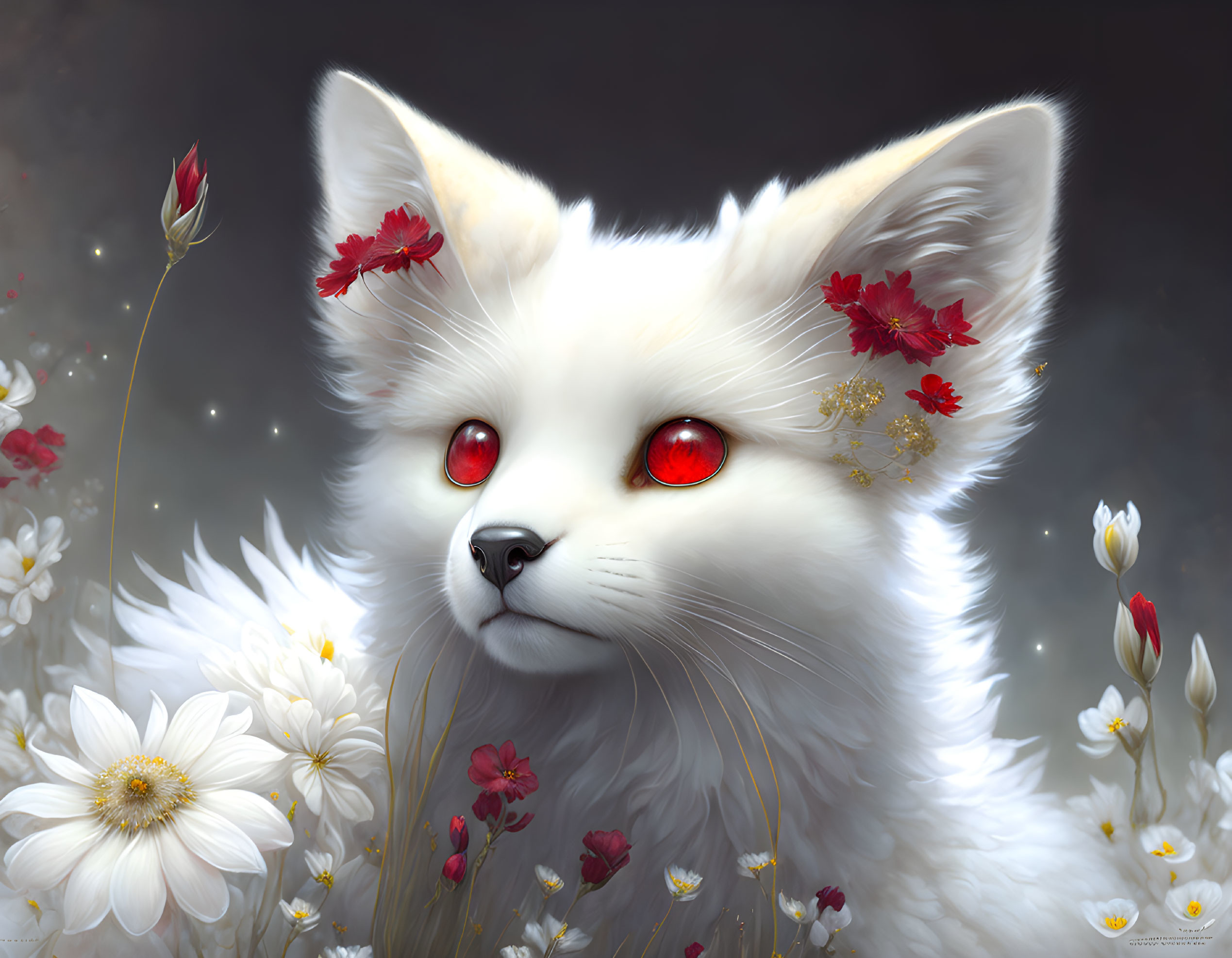 White Fox with Red Eyes Among White Flowers and Red Petals