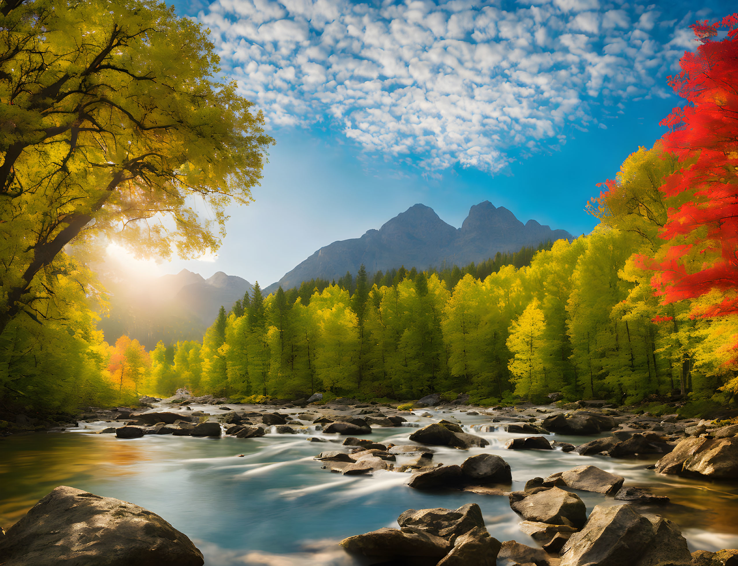 Scenic river in vibrant autumn forest with mountains and blue sky