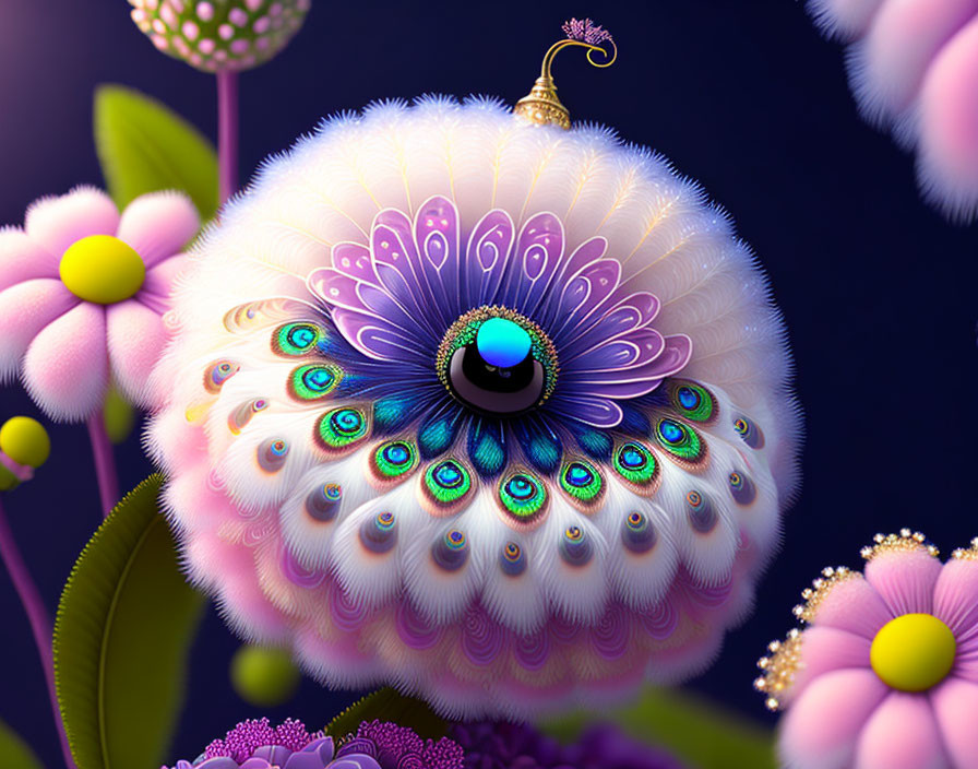 Colorful Stylized Peacock Artwork with Floral Elements on Purple Background